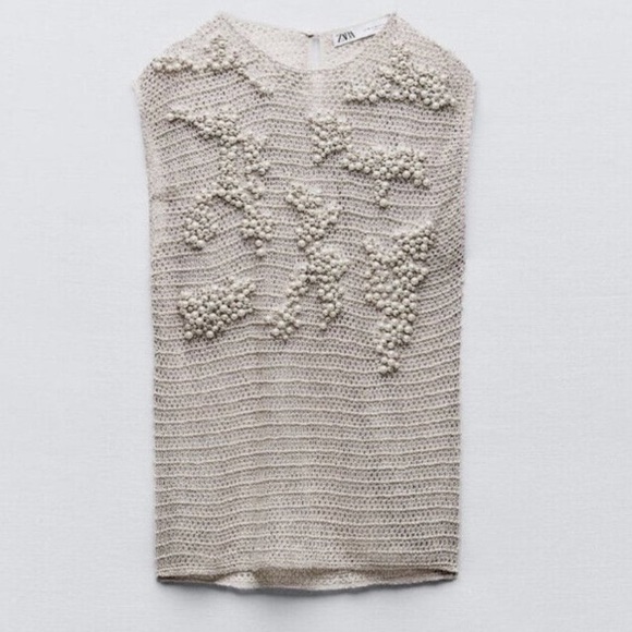 ZARA Limited Edition Gray Pearl Rhinestone Embellished Knit Top - Picture 10 of 13